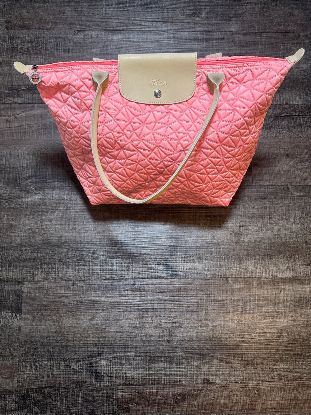 Longchamp Large Quilted Pink Geometric Tote with Cream Trim
